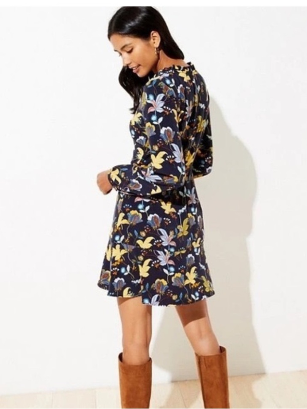 LOFT FLORAL FIT AND FLARE DRESS
